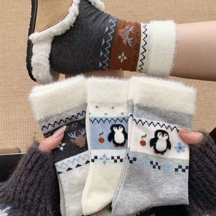 秋冬款费尔岛氛围袜子女中筒袜毛绒袜口卡通可爱学院风堆堆袜