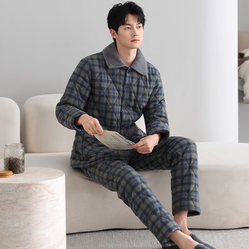乌拉拉巨保暖加厚梭织纯棉三层夹棉睡衣男冬季外穿格子家居服套装