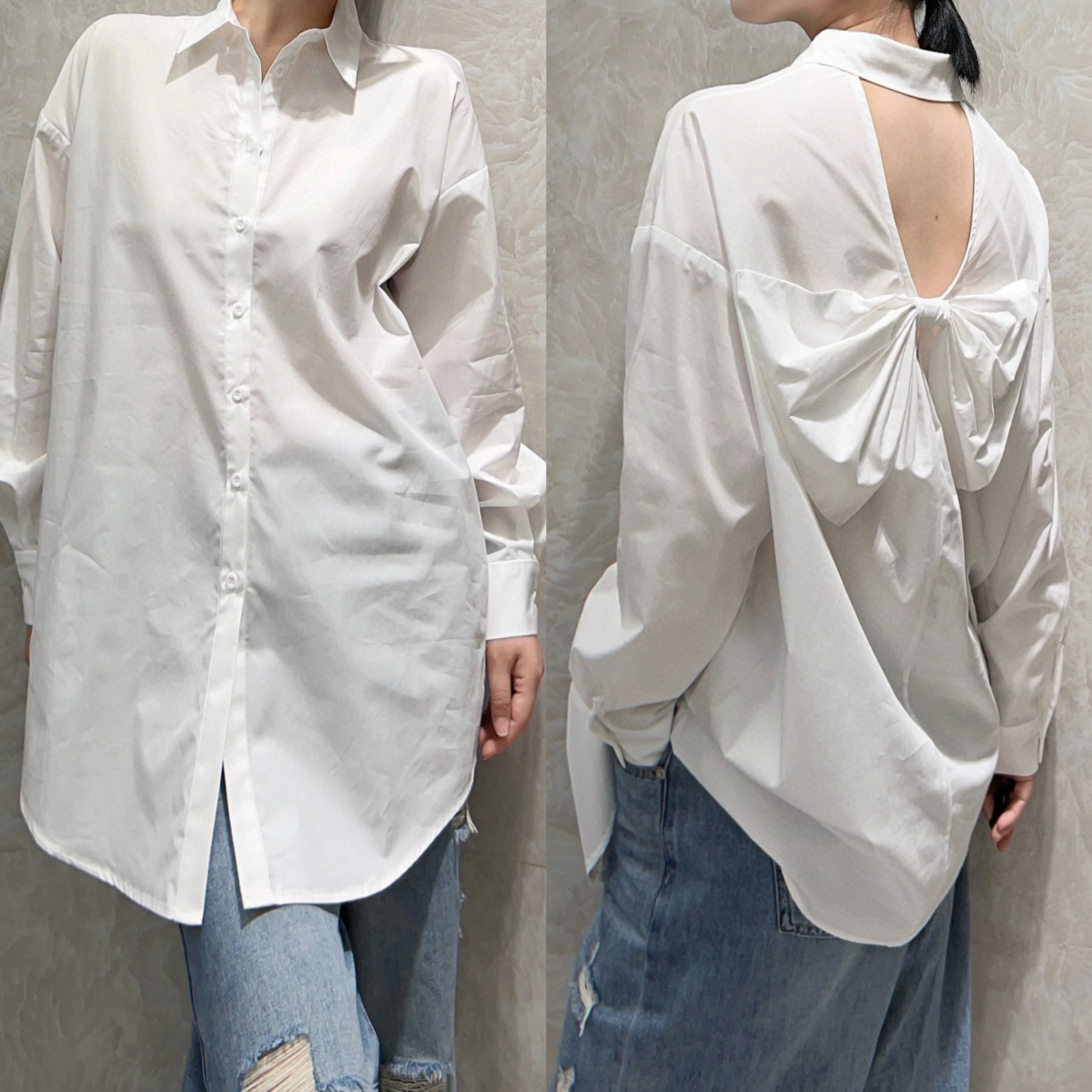 FreeHer 露背白色时尚宽松女薄款蝴蝶结显瘦衬衫夏季长袖