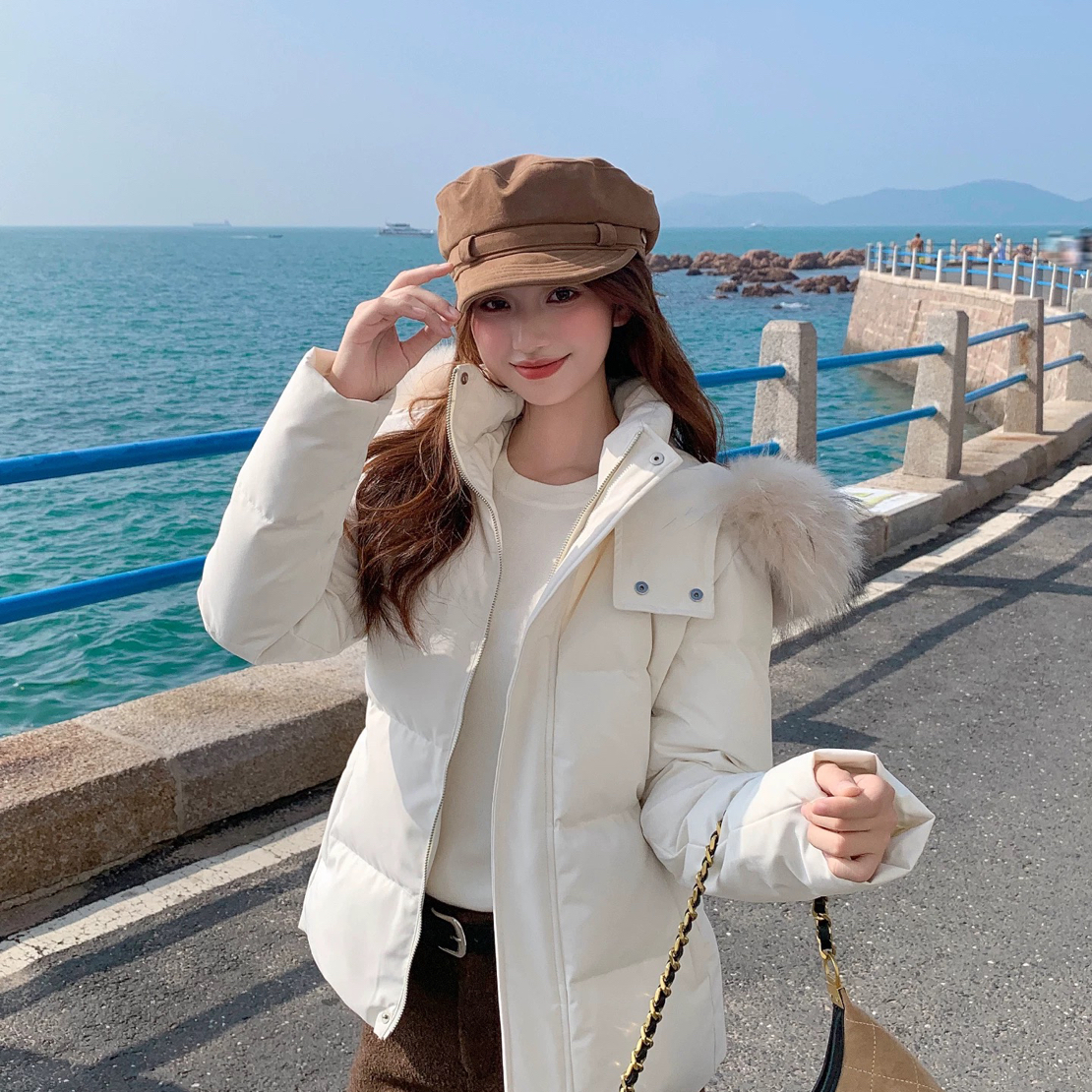 两色可拆卸“毛领收腰棉服”