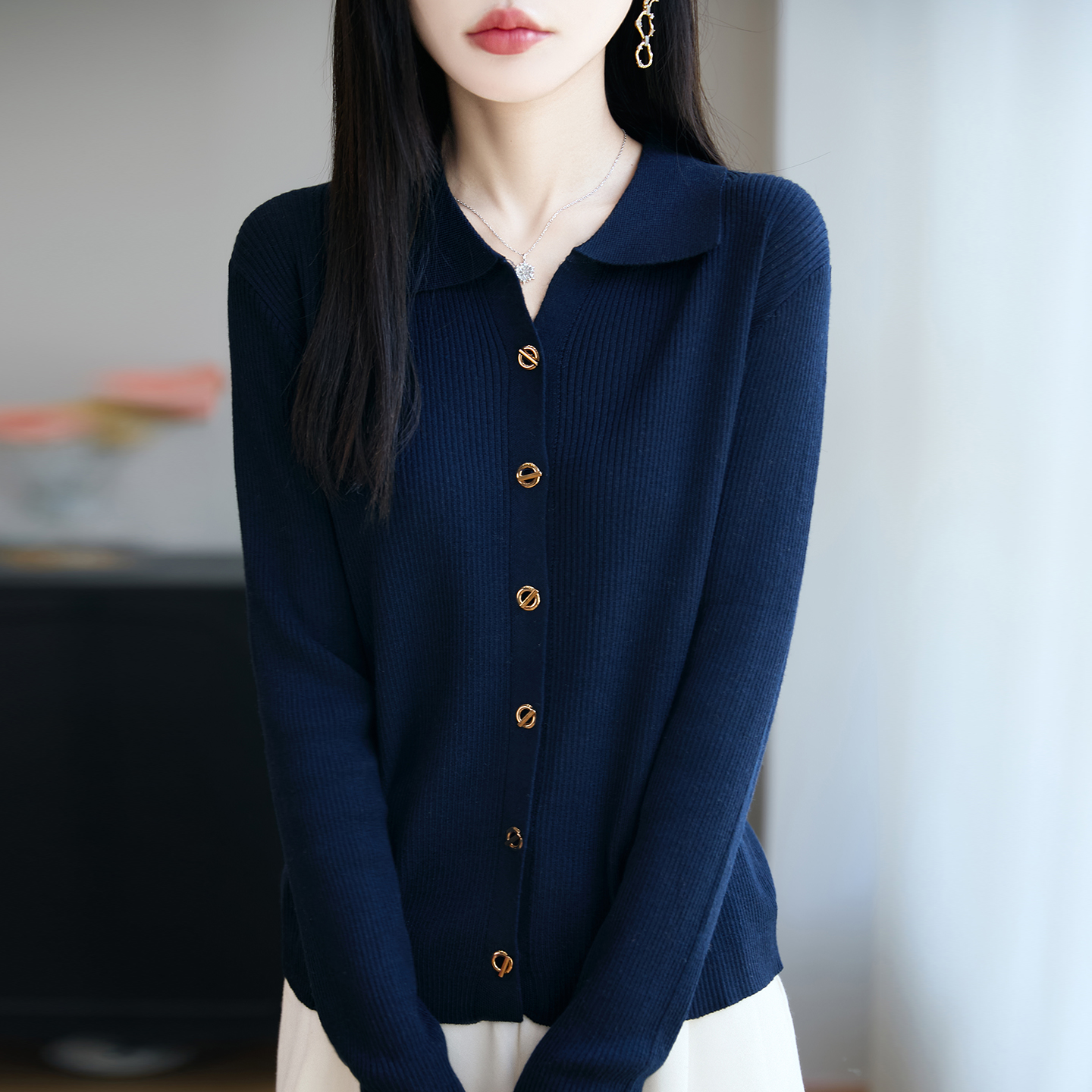 【早秋~新款】纯色翻领开衫精纺羊毛针织衫女外套内搭气质时尚长袖