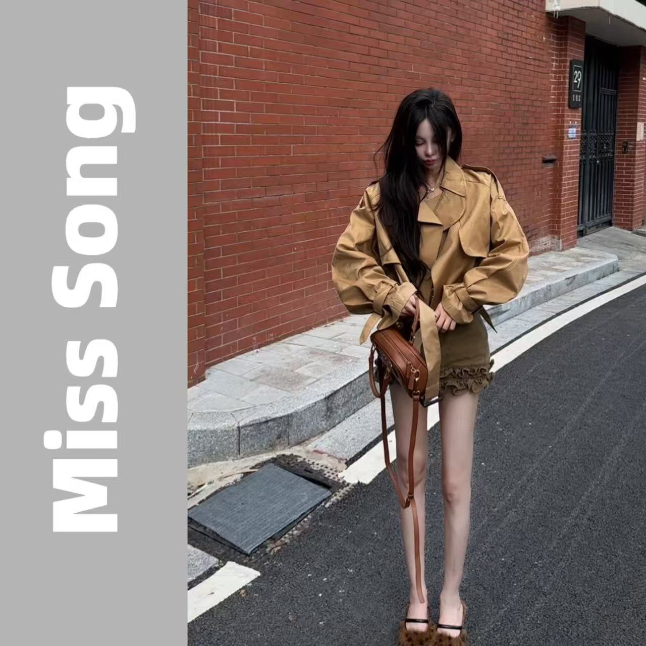 韩女短款风衣外套/花边短裙/黑色编织半裙