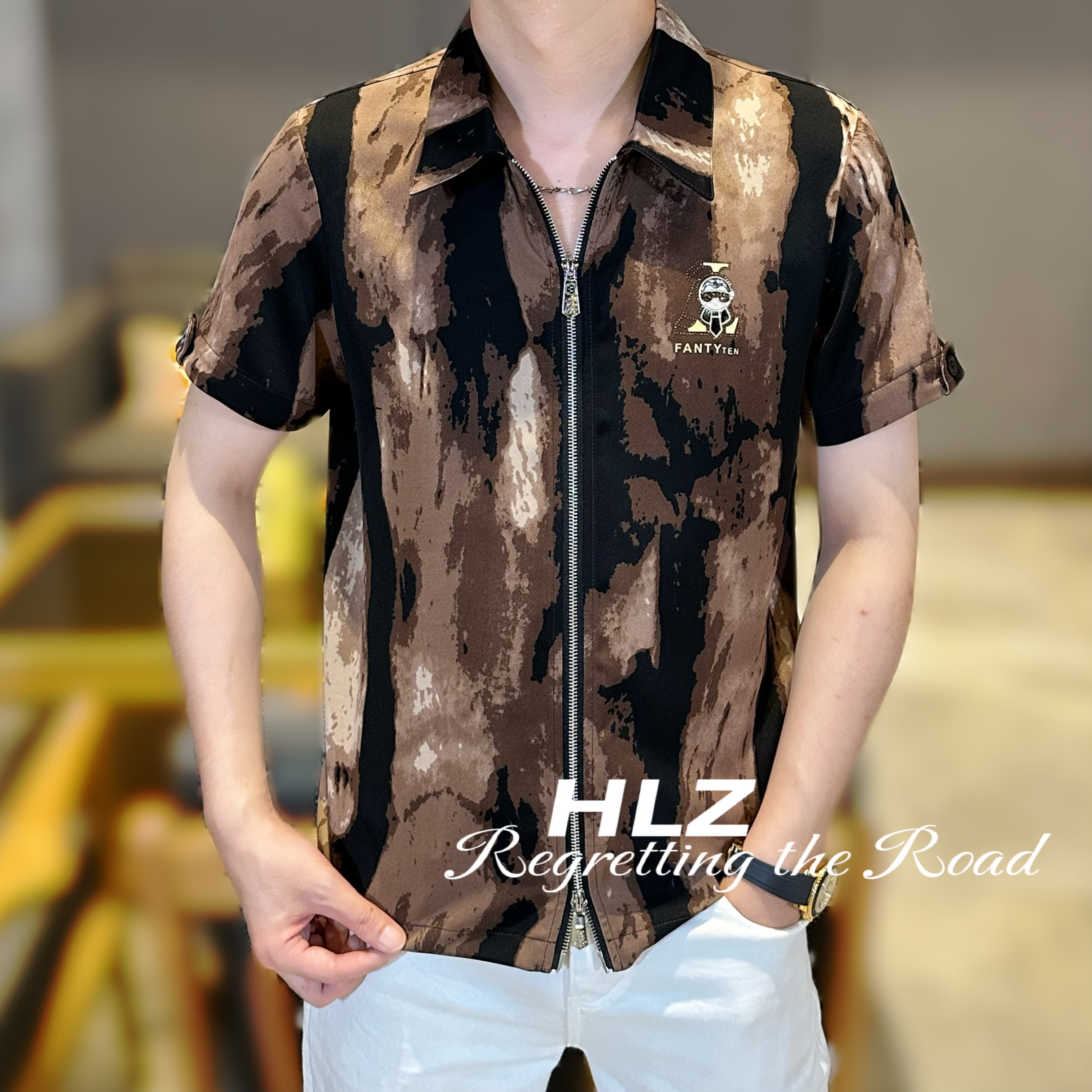 2025夏季新款男士休闲时尚竖条纹双面印花双拉链薄款翻领短袖衬衫