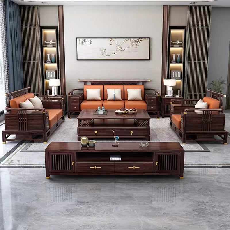 新中式实木家具客厅黑檀木沙发组合大户型客厅沙发茶几新中式风格