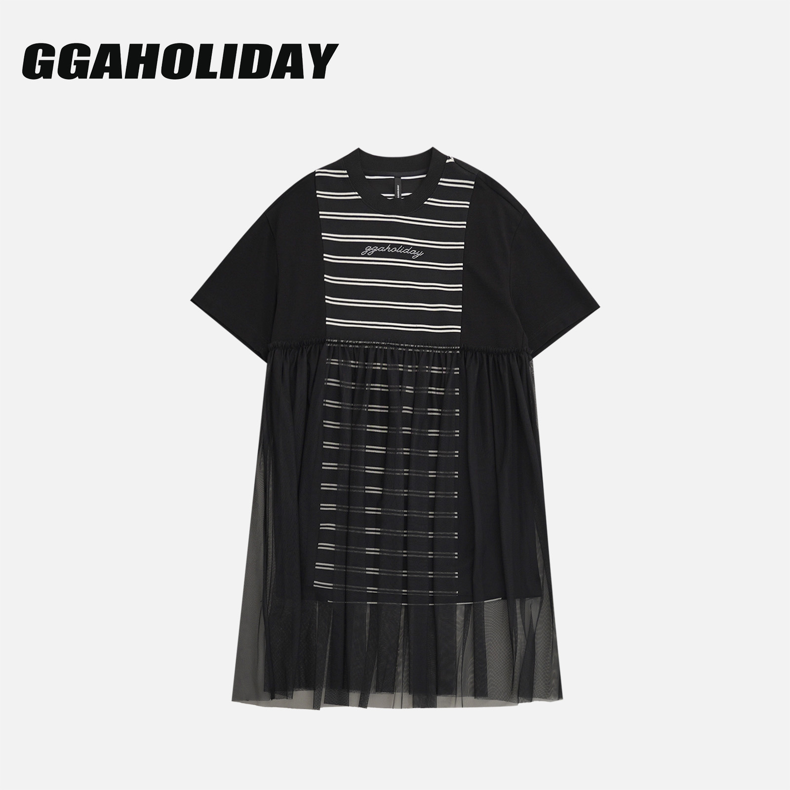 【上新】GGAHOLIDAY夏季宽松条纹拼接圆领裙子百搭连衣裙-152630