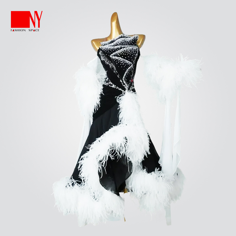 NY纳艺高级定制赛裙女士黑白色摩登演出服华尔兹探戈狐步表演服