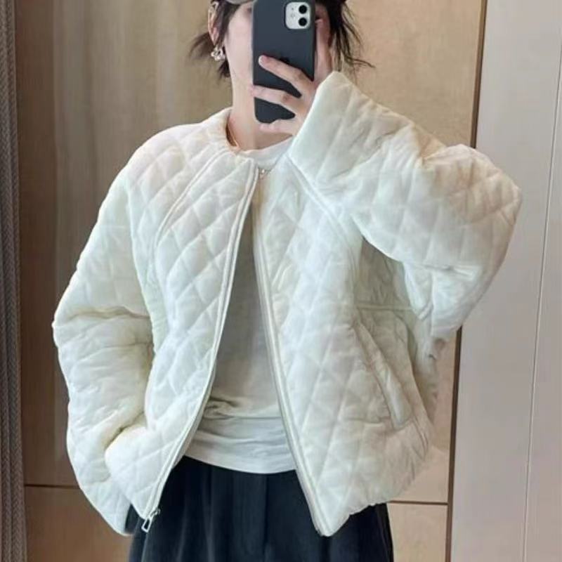 欧货短款金丝绒棉衣韩系菱形格棉服外套冬装新款宽松休闲外套上衣