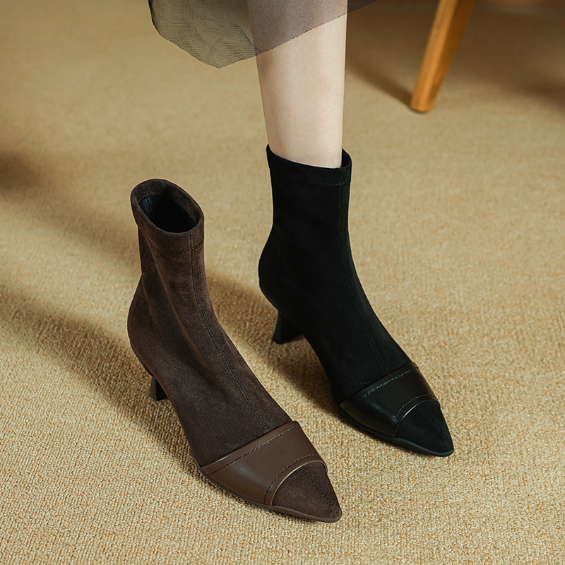 跟高5.5cm/秋冬新款高跟短靴女粗跟弹力靴瘦瘦靴气质尖头袜靴