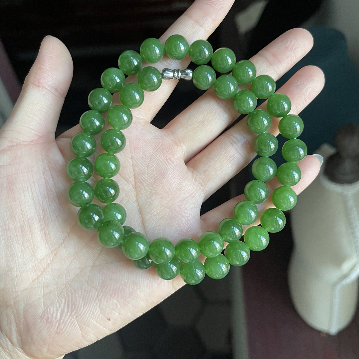 D141118天然俄碧玉精品辣阳绿女士时尚妈妈链项链约卡9.5长度约45