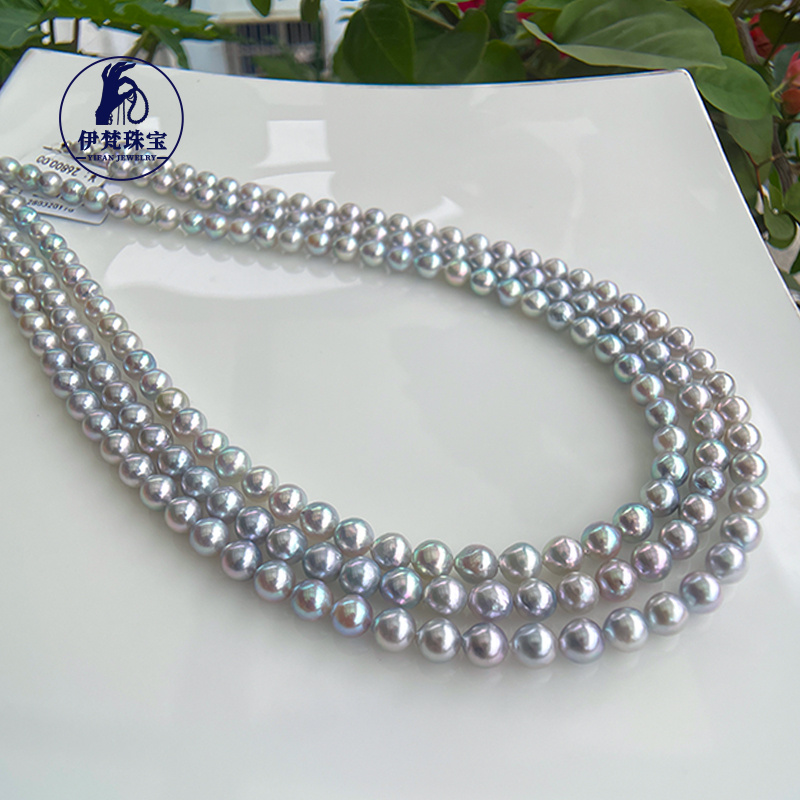 AKOYA灰色海水珍珠项链银蓝真多麻极光炫彩珠串时尚多样性发一件