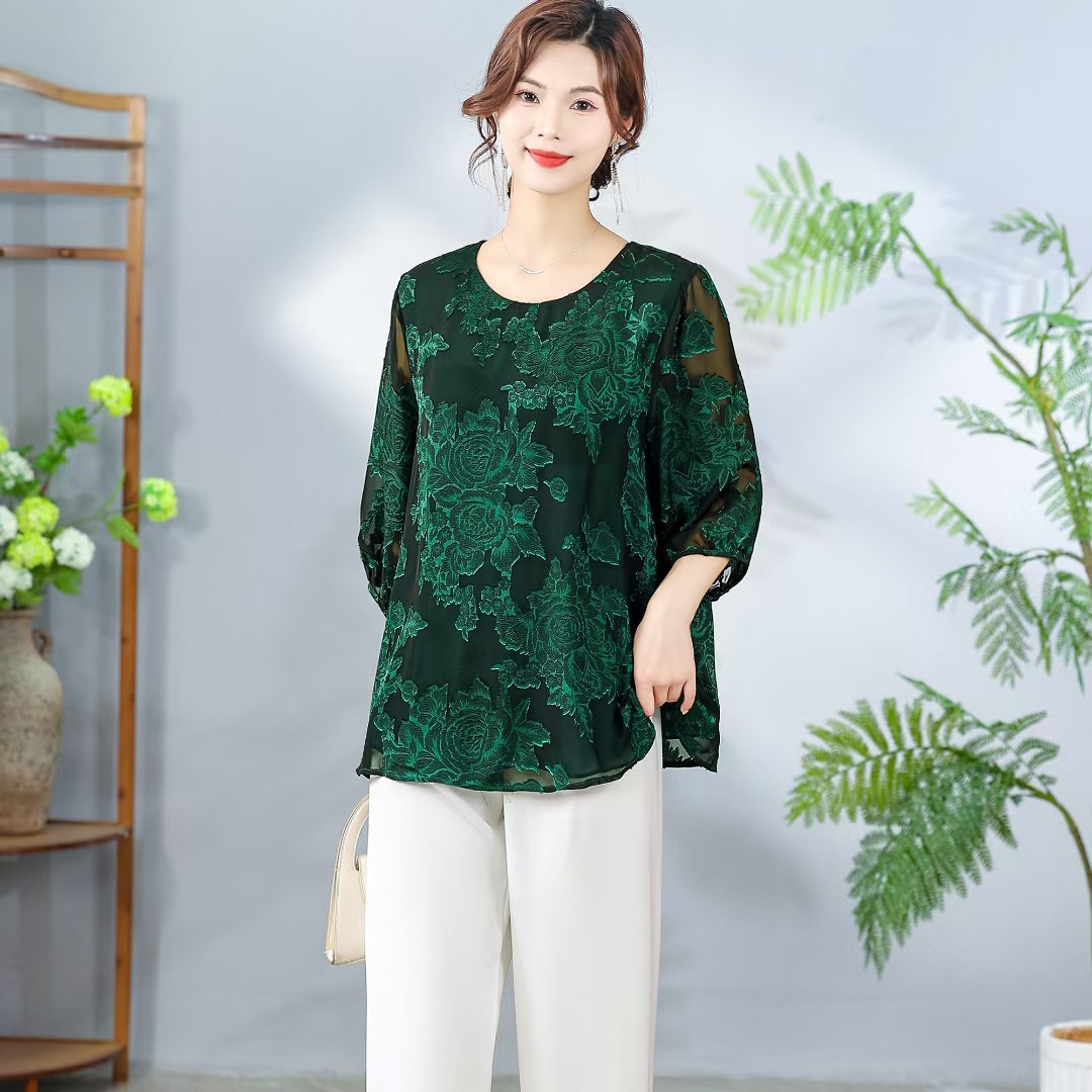 中老年女装夏季小衫七分袖短款百搭时尚