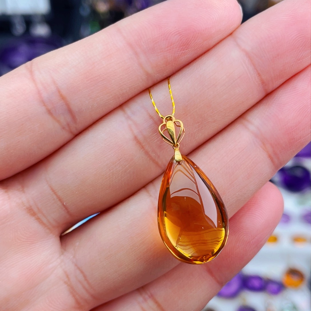 水晶高品质天然黄水晶吊坠18K金镶嵌