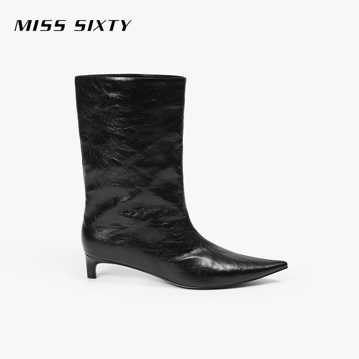 Miss Sixty2025秋季新款靴子女尖头细跟中跟筒靴黑色牛皮革真皮靴