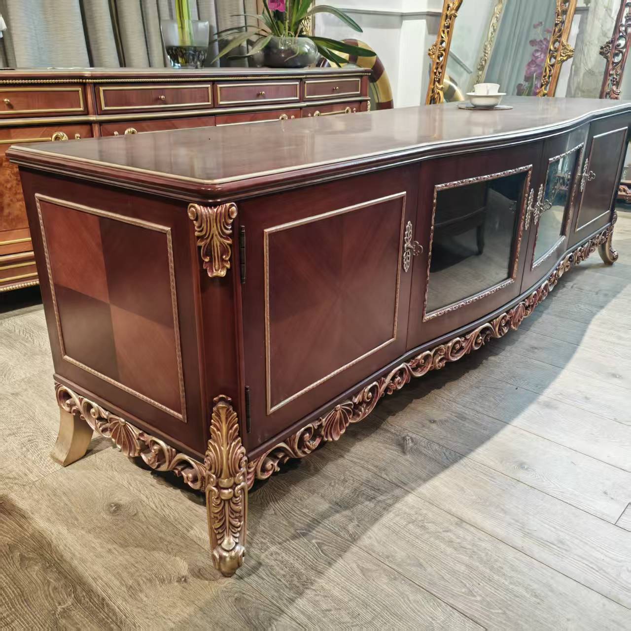 欧式客厅别墅家用古典风雕刻四门电视柜2050*536*596H