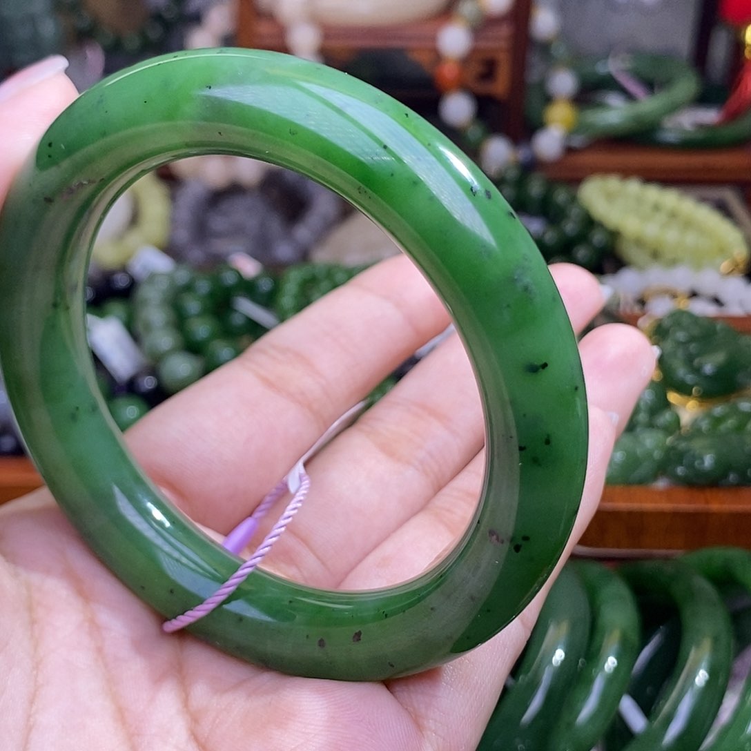 和田玉55.6圈老矿料菠菜绿碧玉圆条手镯未镶嵌