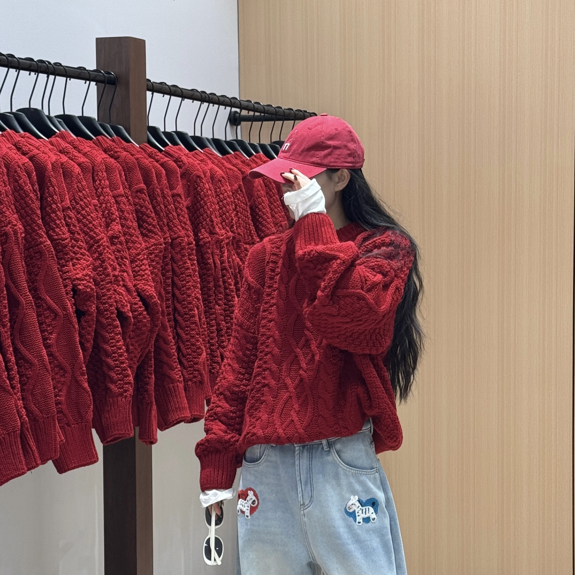 幸运日～慵懒风圆领套头粗针织麻花复古宽松氛围感毛衣