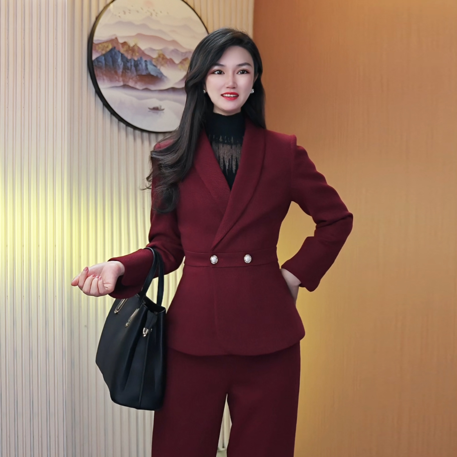 含羊毛呢子西装套装女通勤秋冬加厚款红色喜庆跨年新年主持人讲师