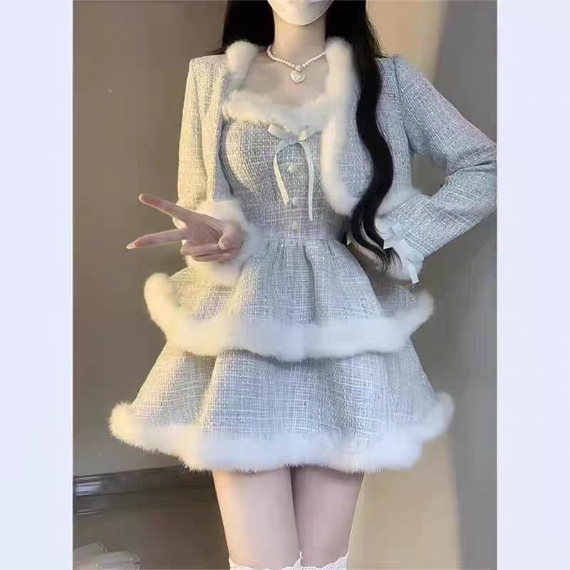 大码秋冬小香风千金小姐设计感毛绒外套收腰显瘦吊带裙套装10165