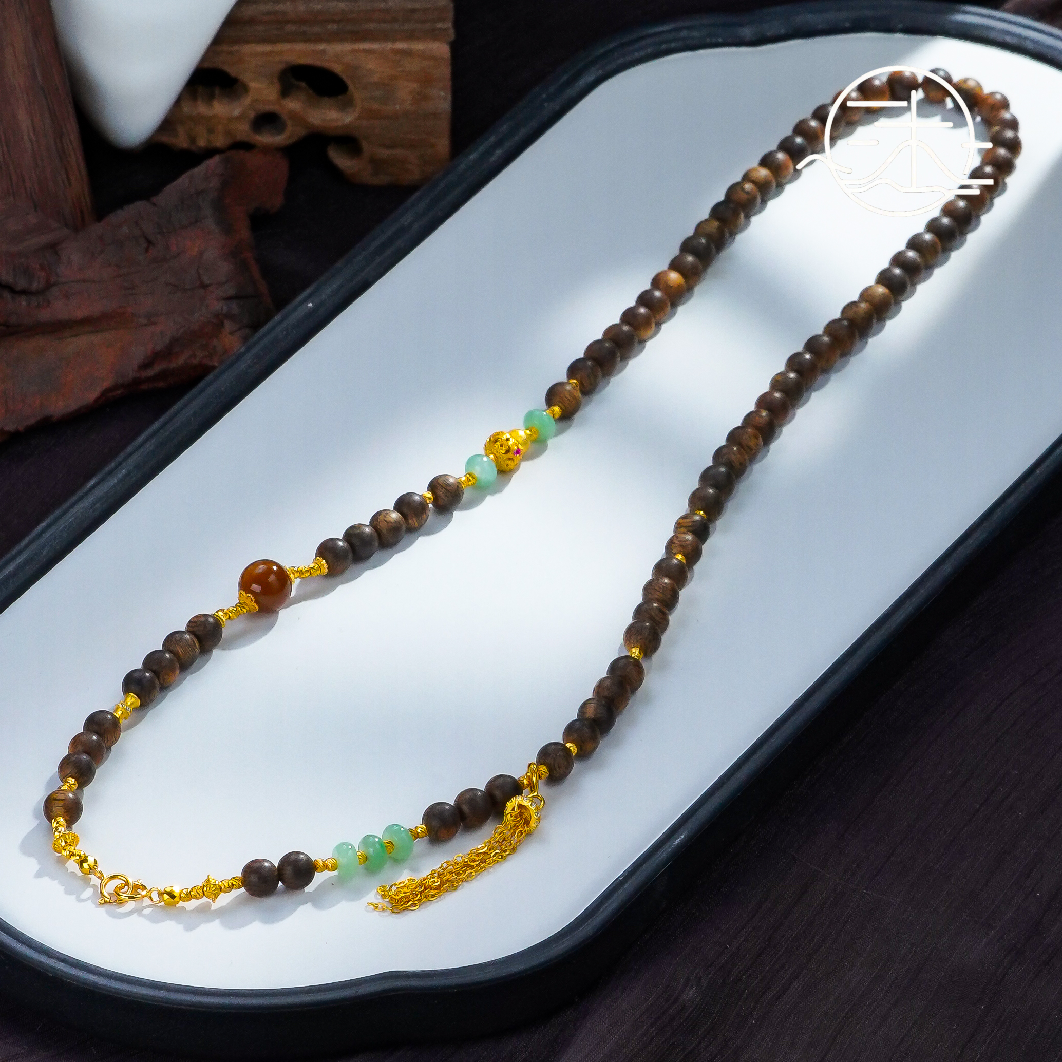 木润【沉香】天然沉香翡翠设计款项链  S925银