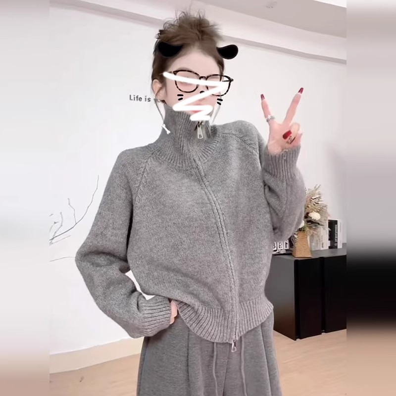 高领灰色拉链毛衣女秋冬季2025新款加厚慵懒风针织开衫外套高级感