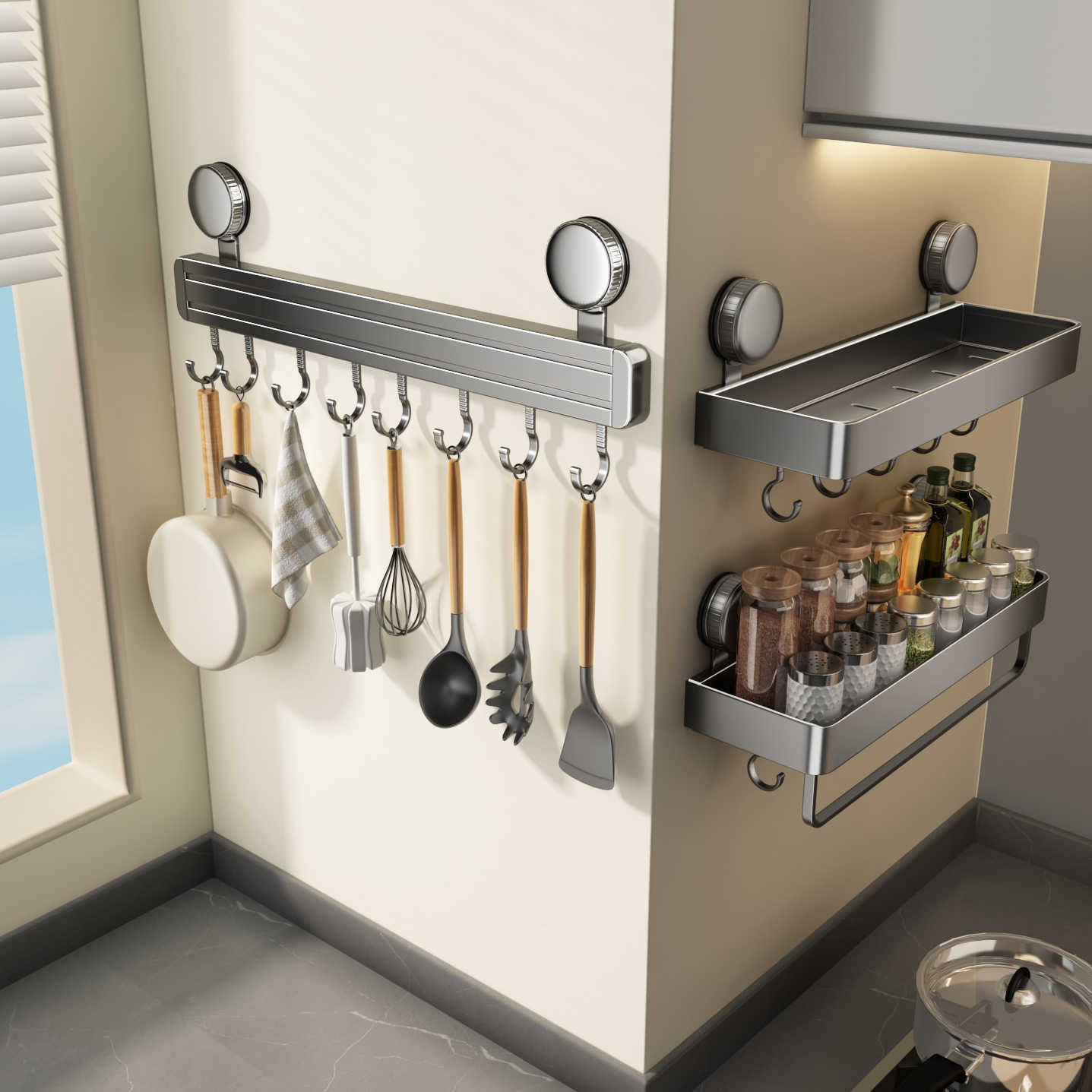 优勤吸盘厨房挂钩挂杆厨房置物架锅铲勺子一体挂架壁挂式收纳架