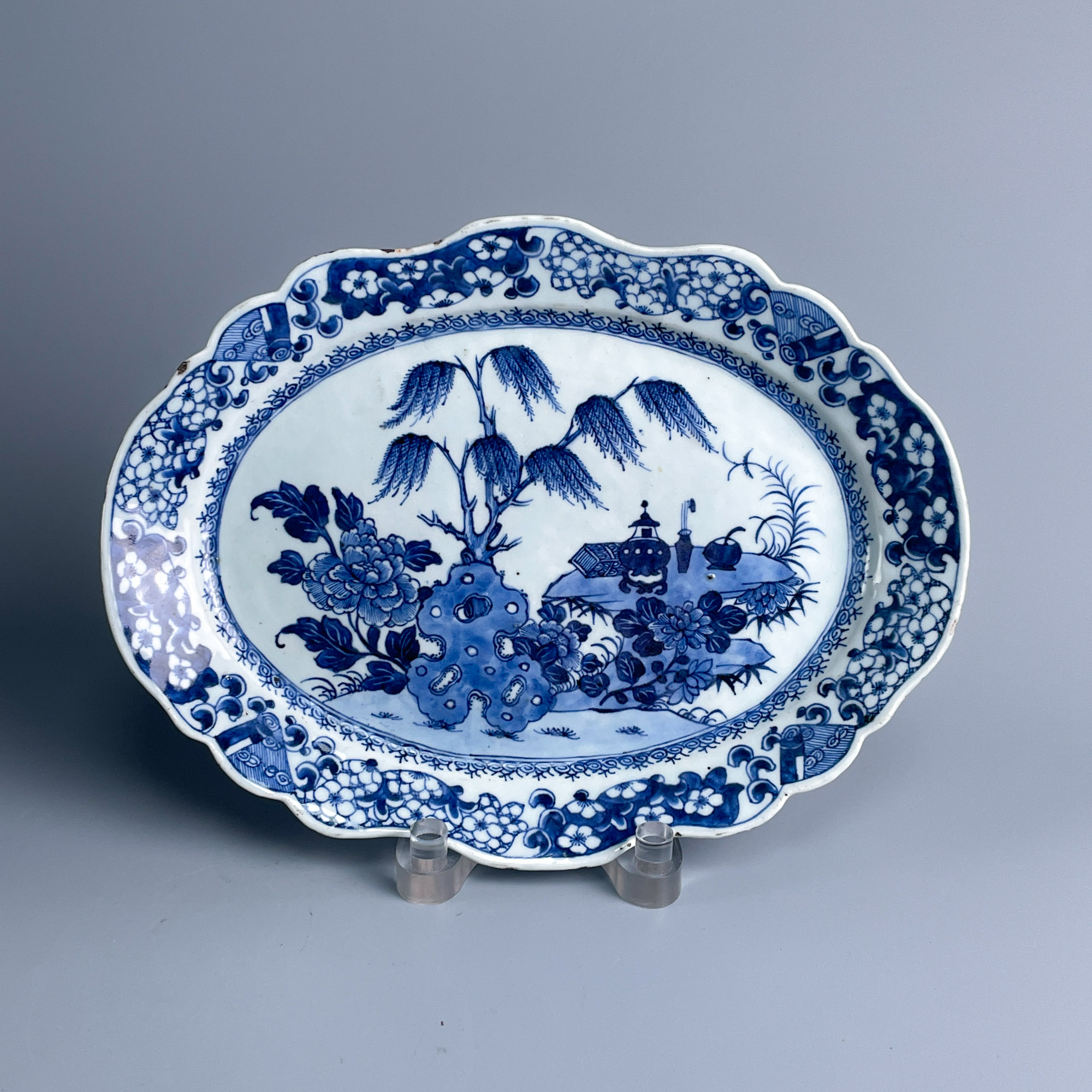 青花瓷/古董乾隆垂柳纹花口盘M25AF001029古玩/收藏/文物/绣花张