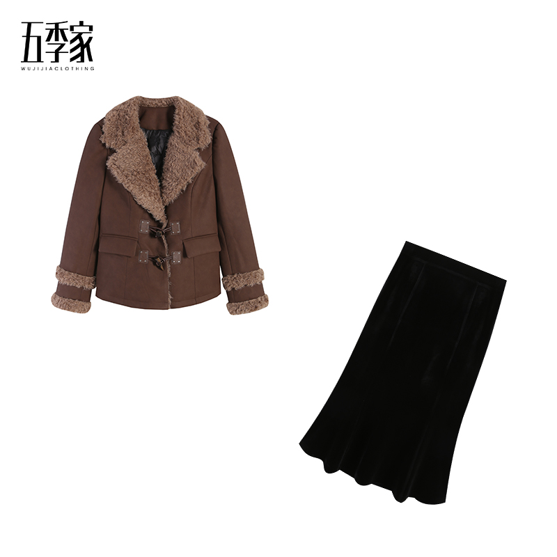 五季家大码咖色羽绒上衣ZL114447+黑色丝绒鱼尾裙ZL113889套装