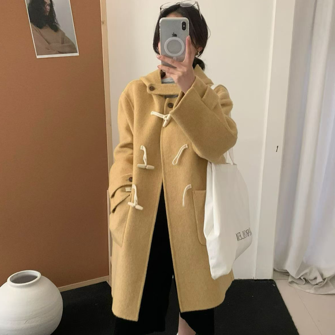 秋季新款牛角扣连帽双面中长款女式宽松减龄毛呢外套