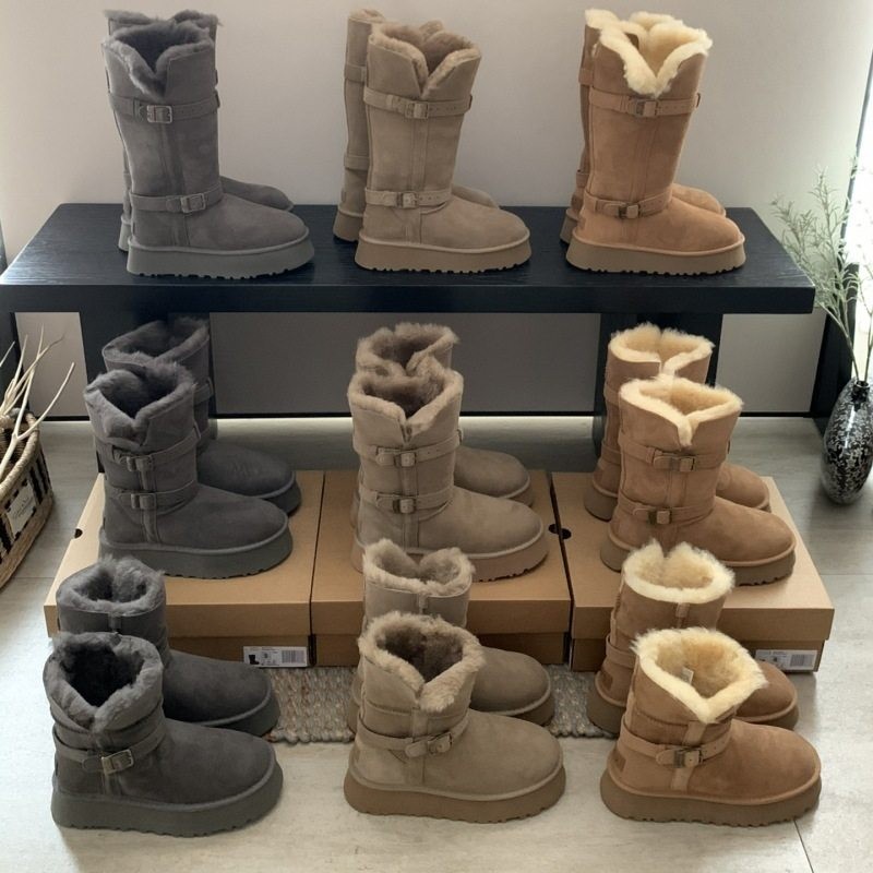 桑坡雪地靴女冬季新款皮扣骑士靴加绒加厚棉鞋羊皮毛一体毛长筒靴