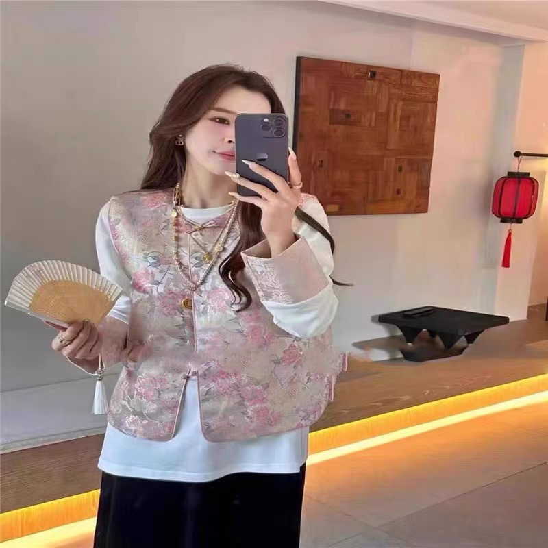 中式国风粉色盘扣马甲早春洋气重工提花