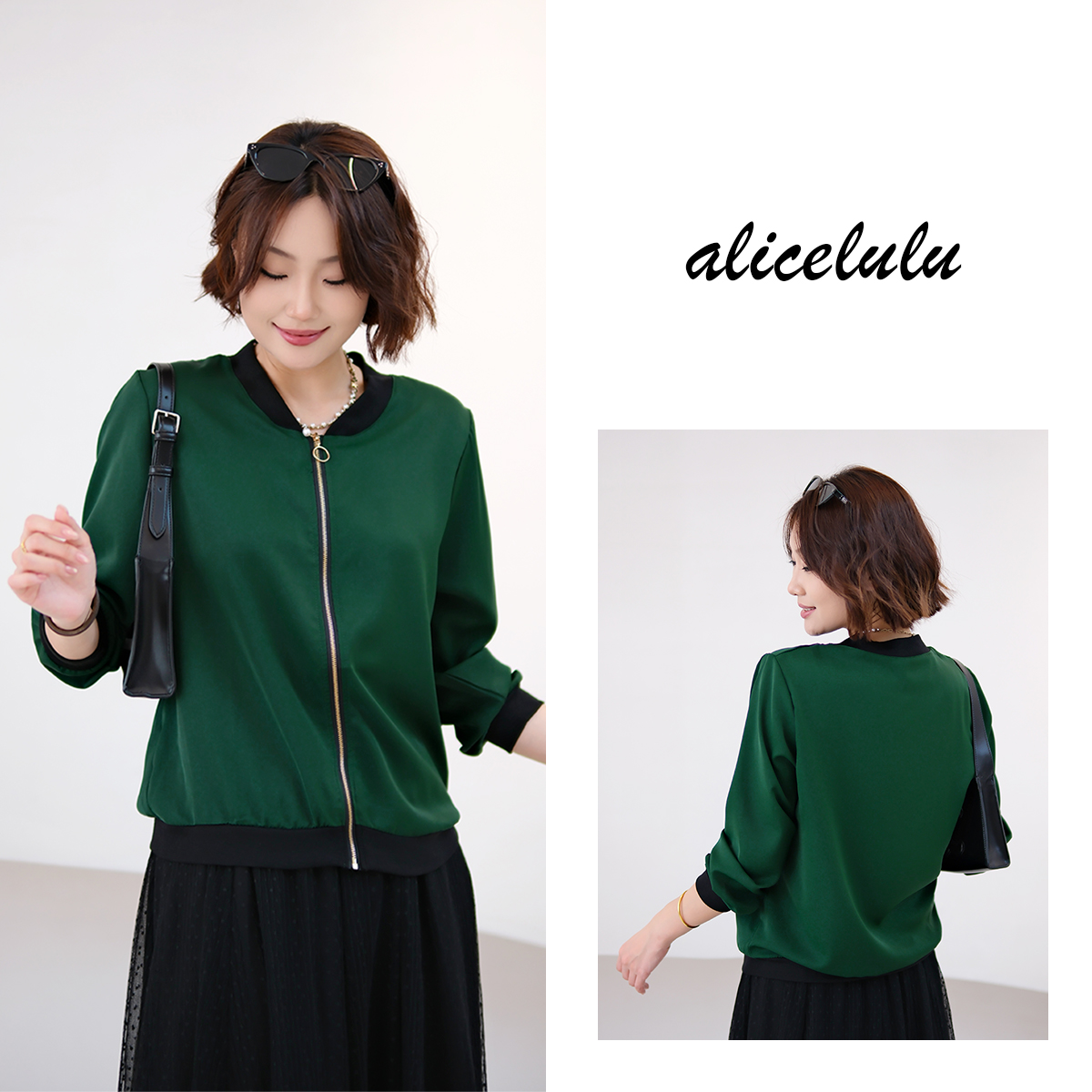ALICE“黑绿逸韵”短外套 金属拉链 复古悠然 S2142247T