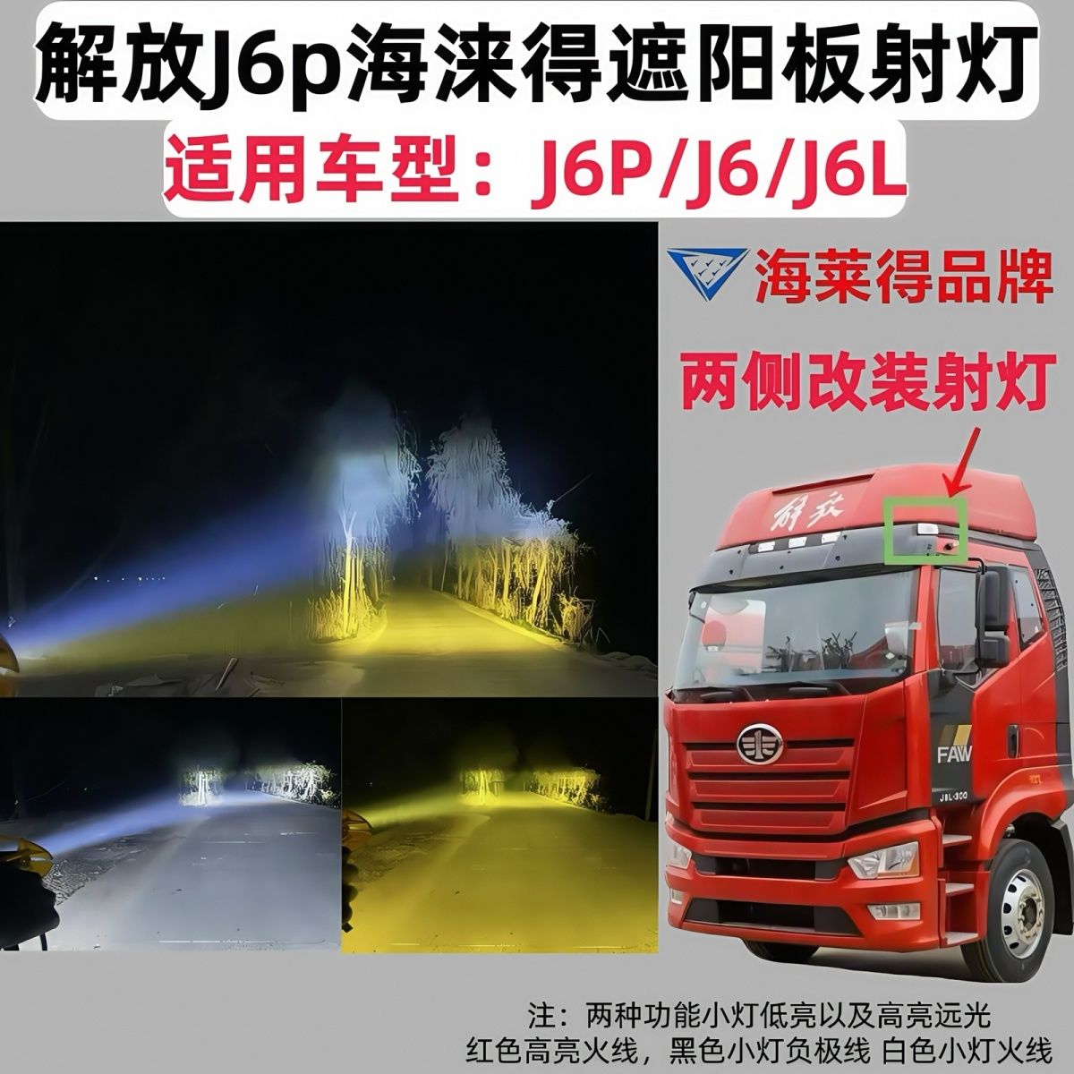适用解放J6 J6P/J6L无损改装遮阳板罩LED两侧射灯高低可调远近光