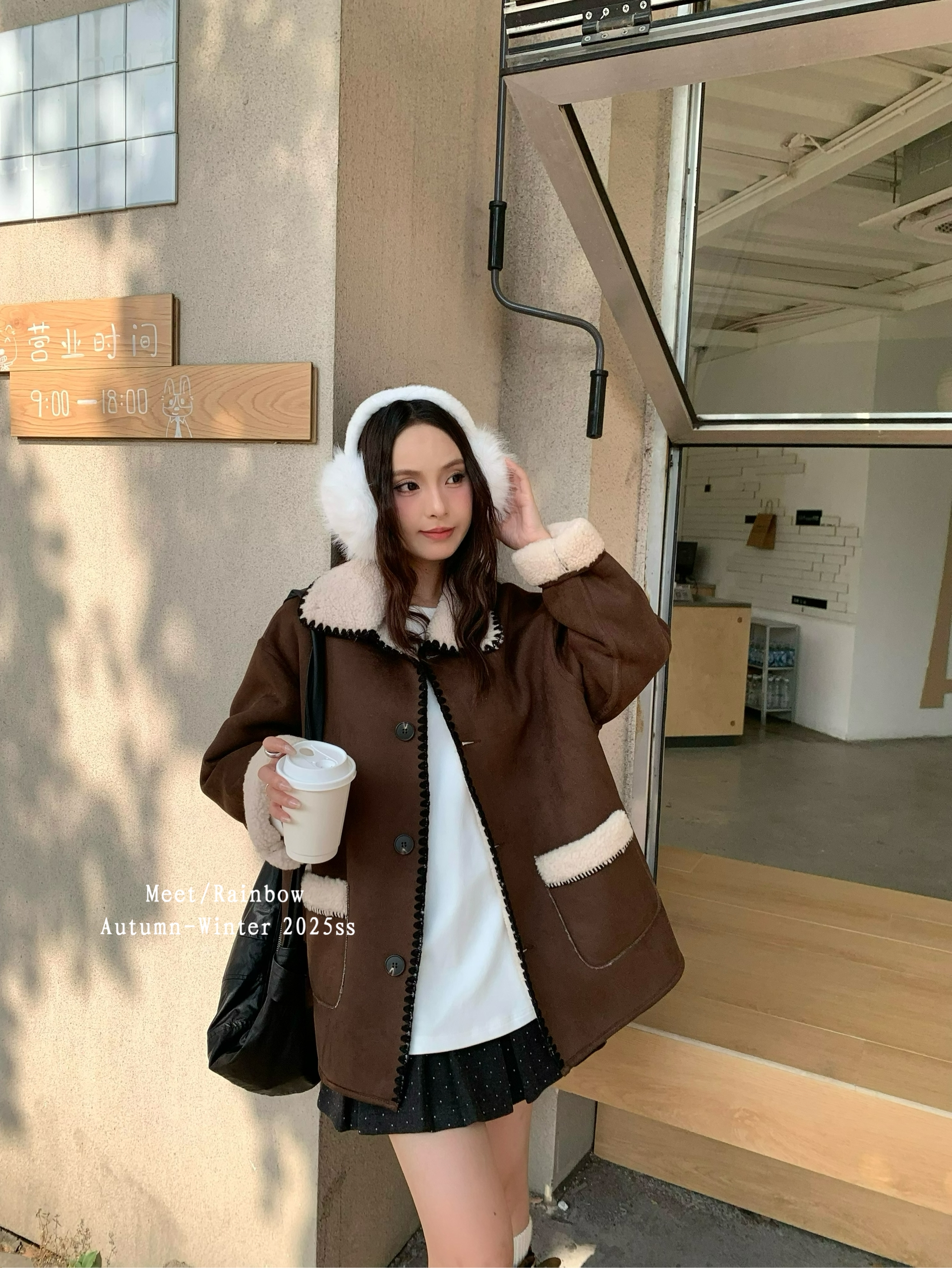 Rainbow-07743#加厚保暖翻领撞色百搭宽松外套