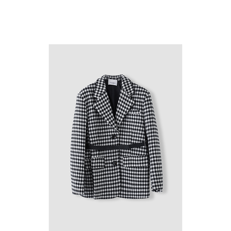 【芳芳惊喜】设计师款时尚休闲秋冬拼格外套黑白格 QXJG023X