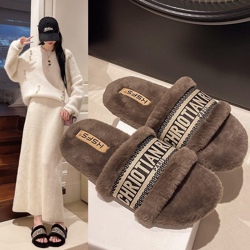 法式小香风毛毛拖鞋女外穿秋冬韩版平底软底防滑居家休闲毛绒棉拖