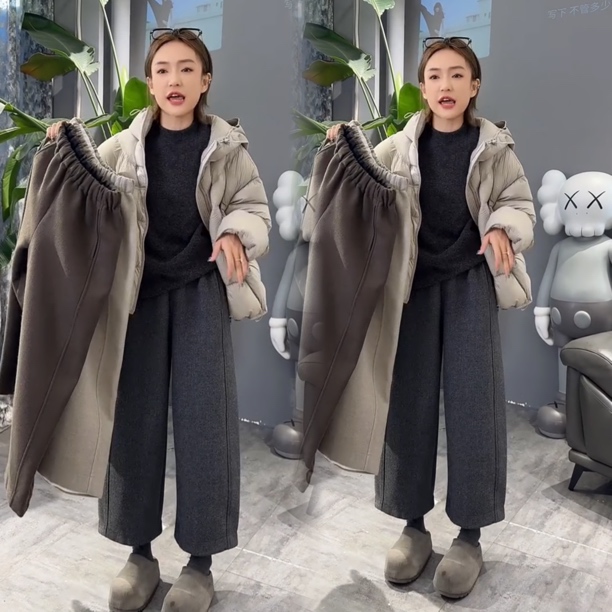 冬季新款洋气宽松加绒加厚显瘦百搭气质毛呢阔腿休闲裤2025网红款