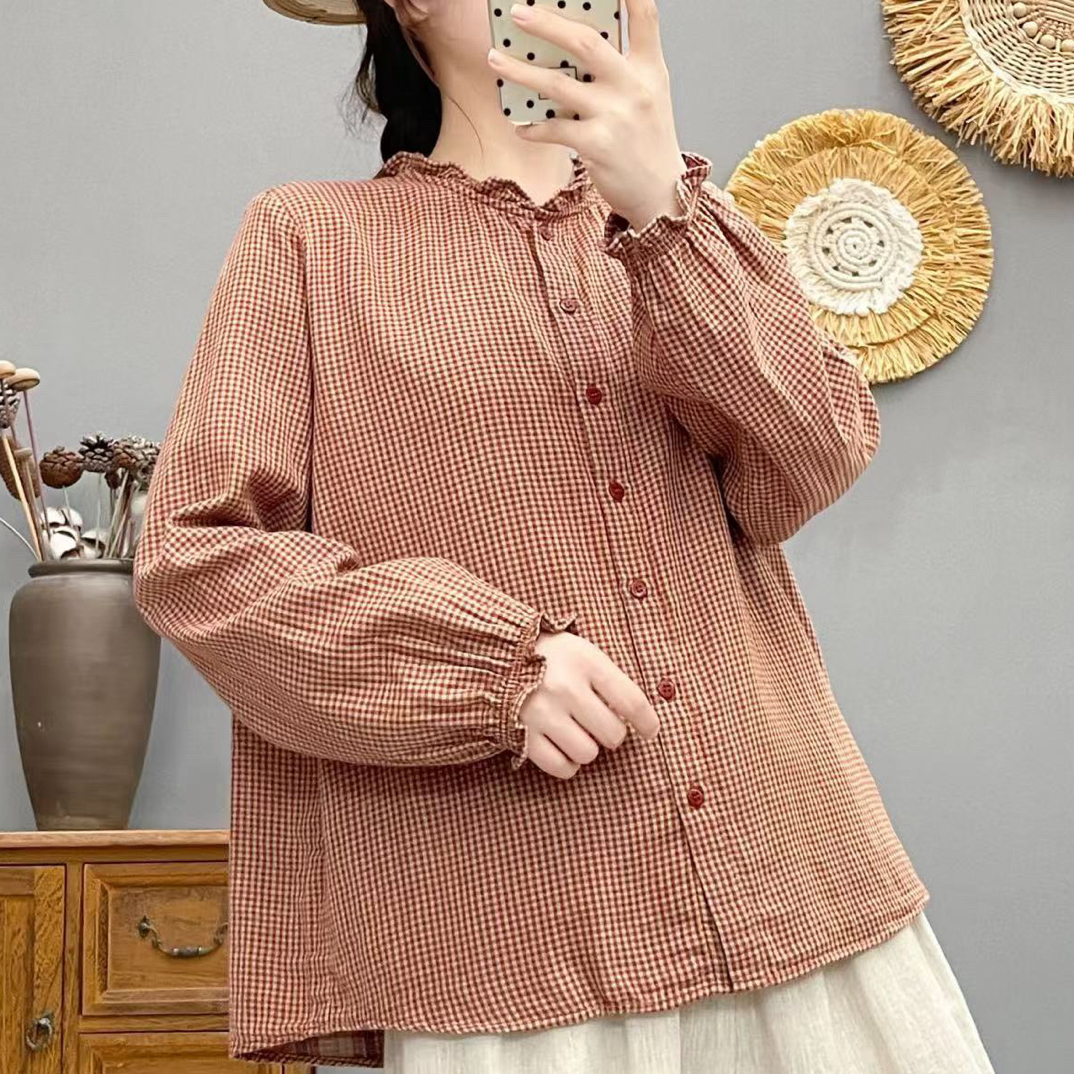 2025新款格子双层棉纱花边领长袖衬衫打底衬衫上衣百搭女