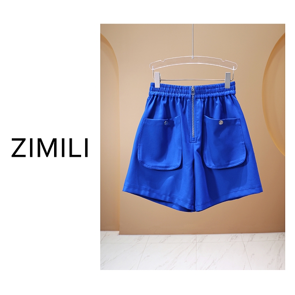 【亮哥女装】夏季宝蓝色拉链口袋装饰时尚廓形短裤8300