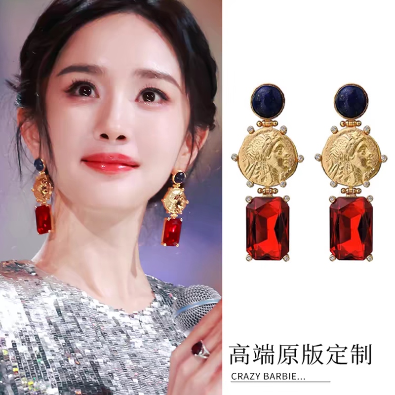 杨幂同款红色宝石耳环2025新款感中古耳钉轻奢气质古币耳饰女