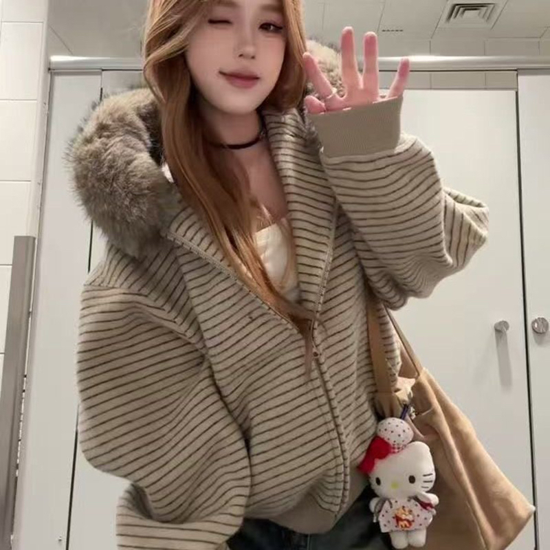 美式复古条纹毛领连帽卫衣女秋冬加绒开衫慵懒宽松休闲百搭外套