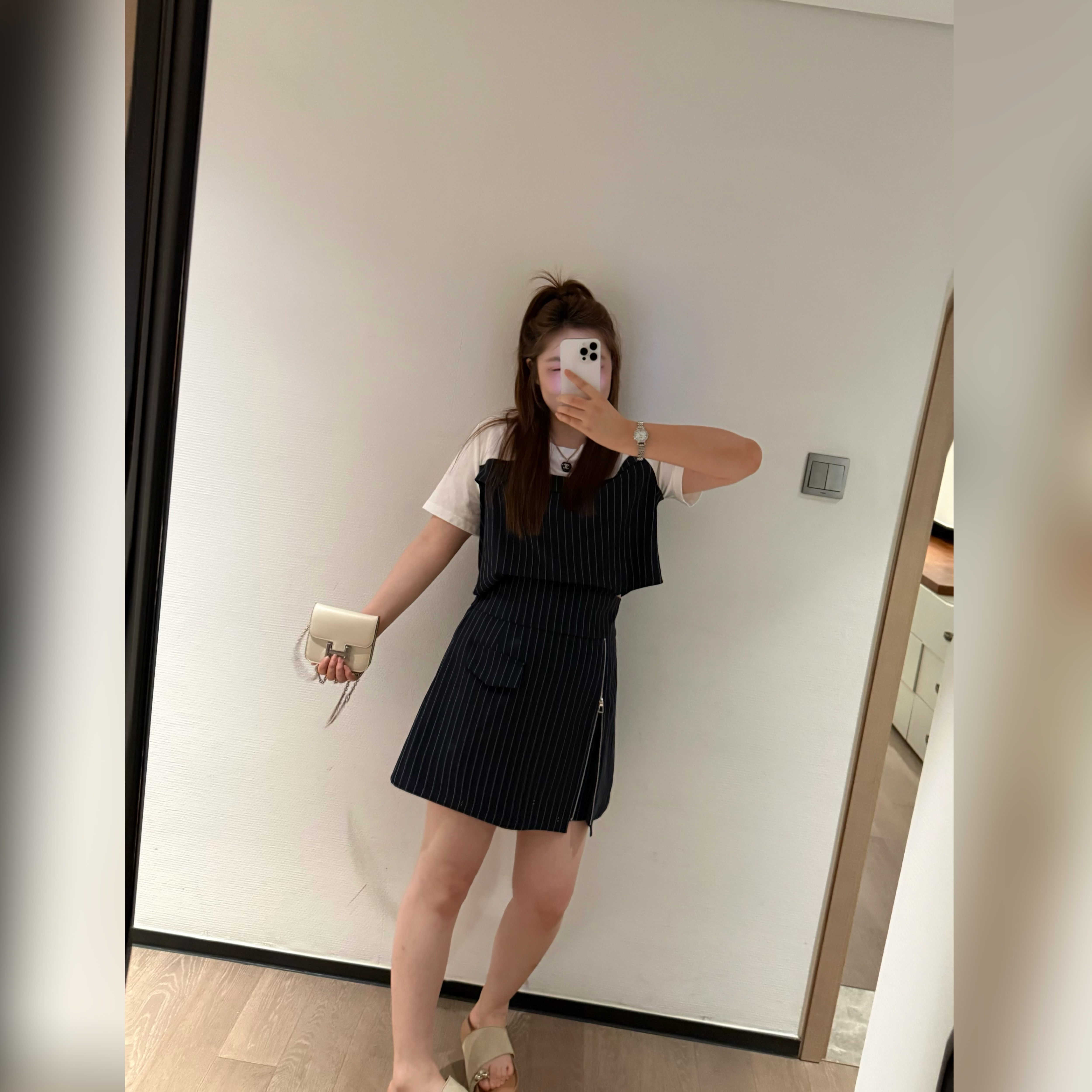 楠序源子微胖女装 2025年夏季黑色时尚气质条纹两件套装女YZ36630