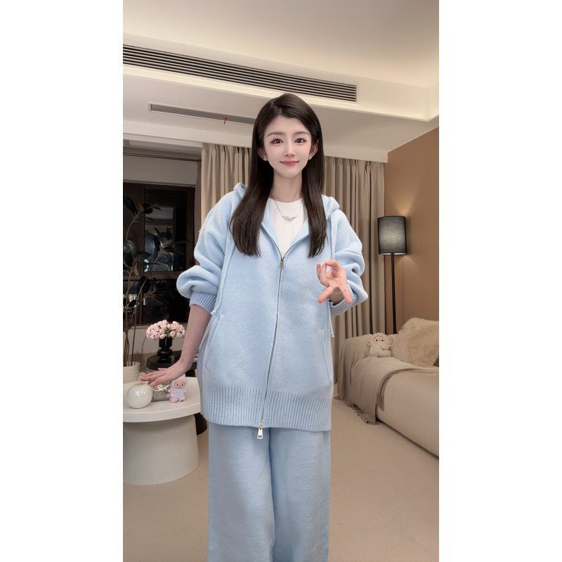 连帽慵懒风时尚女装休闲学院风百搭针织毛线上衣长阔腿裤两件套装