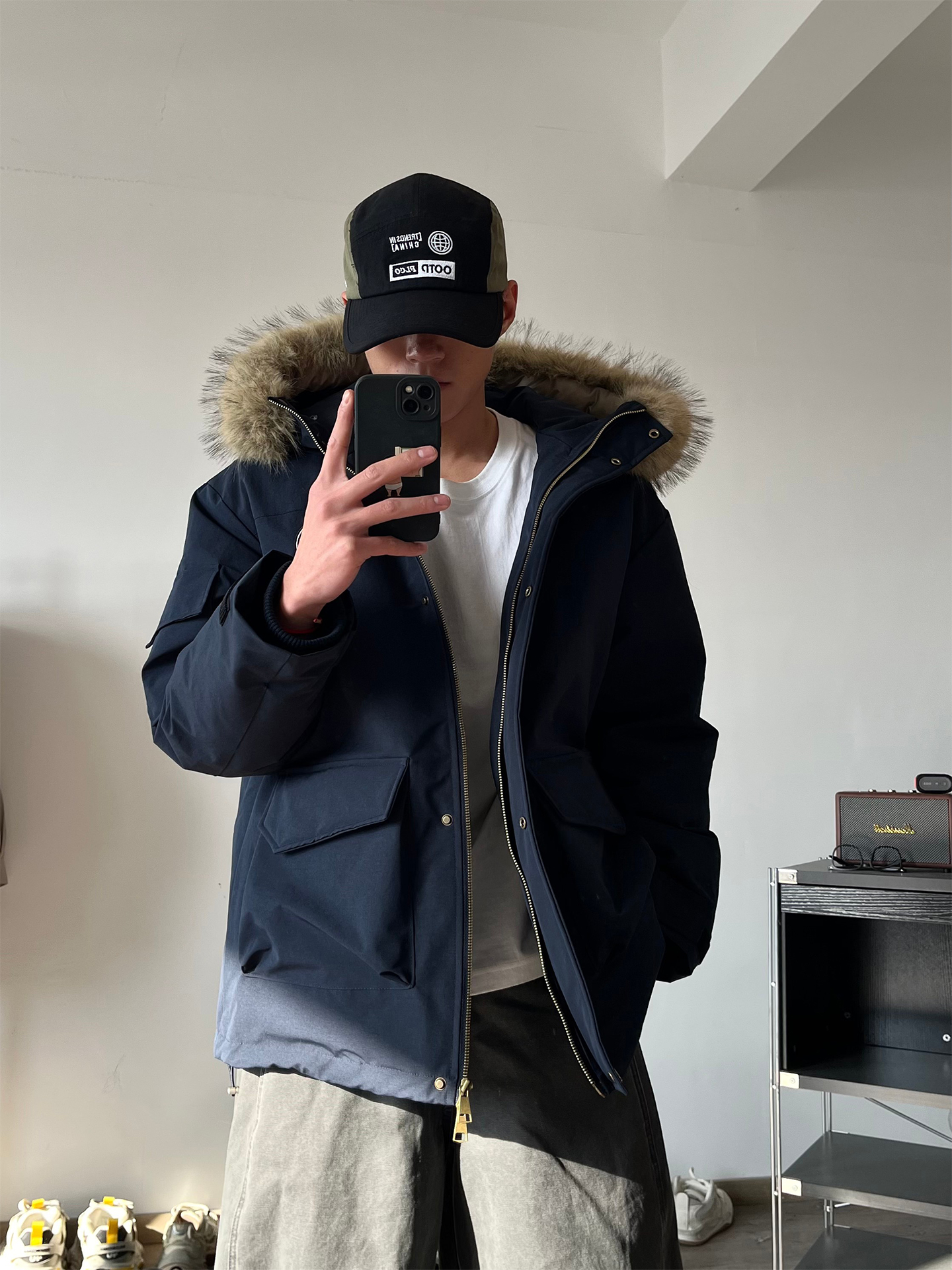 SETASSE 冬季情侣款毛领连帽工装派克服白鸭绒三防羽绒服男女同款