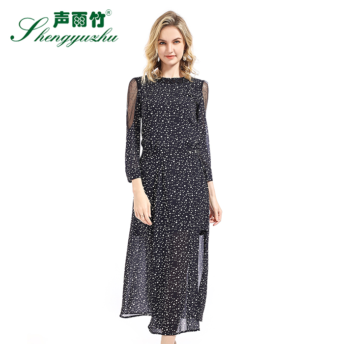 声雨竹专柜同款春夏季新款连衣裙九分袖圆领中高腰波点印花裙子