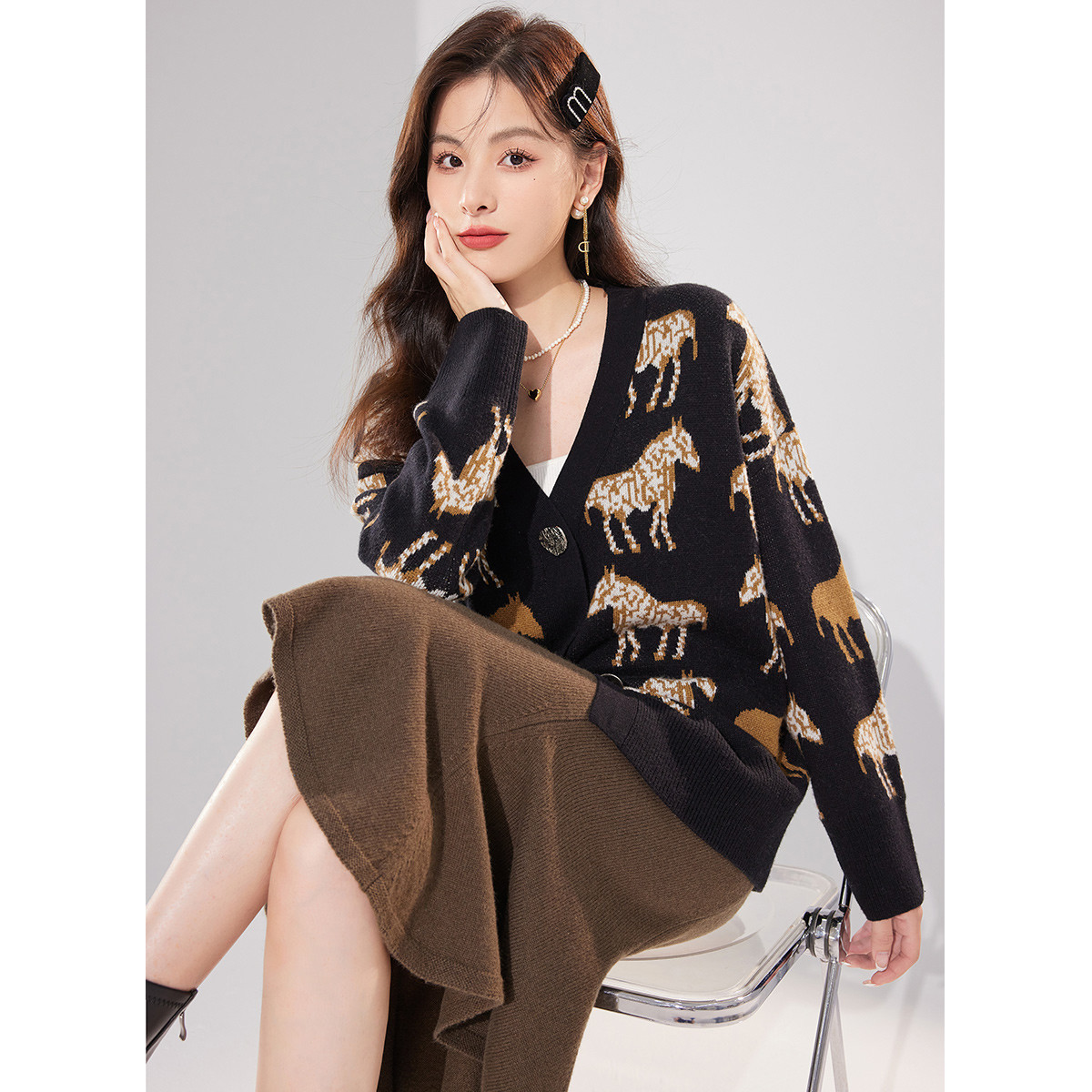 羊毛衫女毛衣2025年秋冬款印花V领宽松针织开衫外套保暖上衣