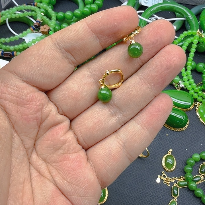 和田玉（碧玉）耳饰银S925镀金镶嵌