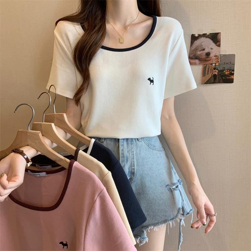 A新款小香风复古大U领拼色短袖T恤大码女装胖妹妹百搭宽松in上衣