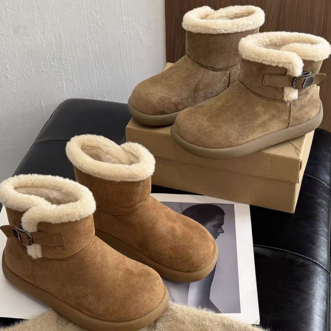 雪地靴女冬季加绒加厚保暖短筒厚底防滑勃肯棉鞋2025新款毛圈