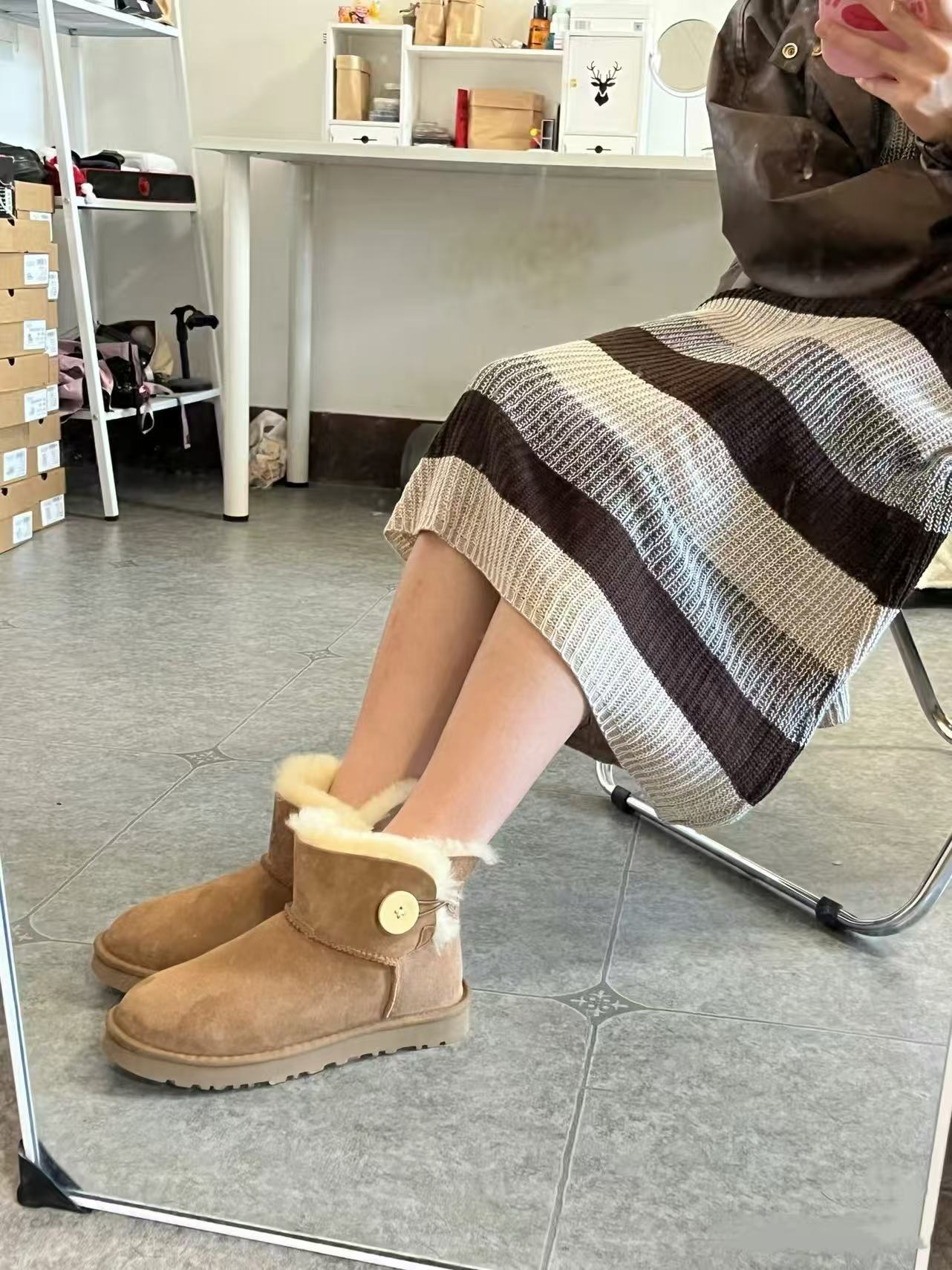 【3352木扣薄底】桑坡皮毛一体雪地靴冬季保暖