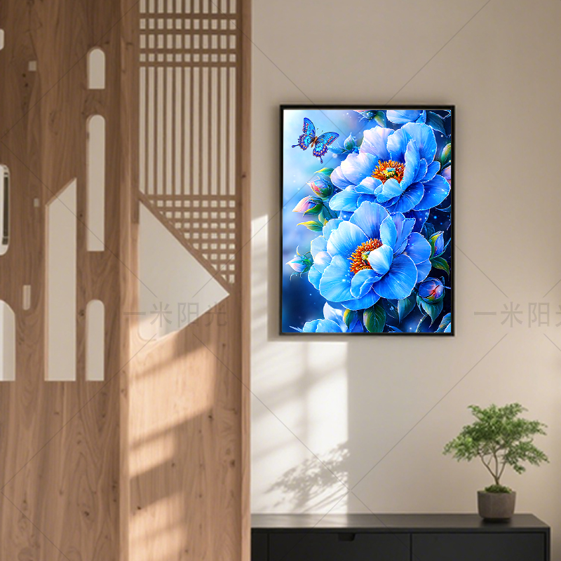 【新疆长绒棉双纱棉】2168蓝花蝶舞十字绣 蓝色牡丹玄关画 42种绣线